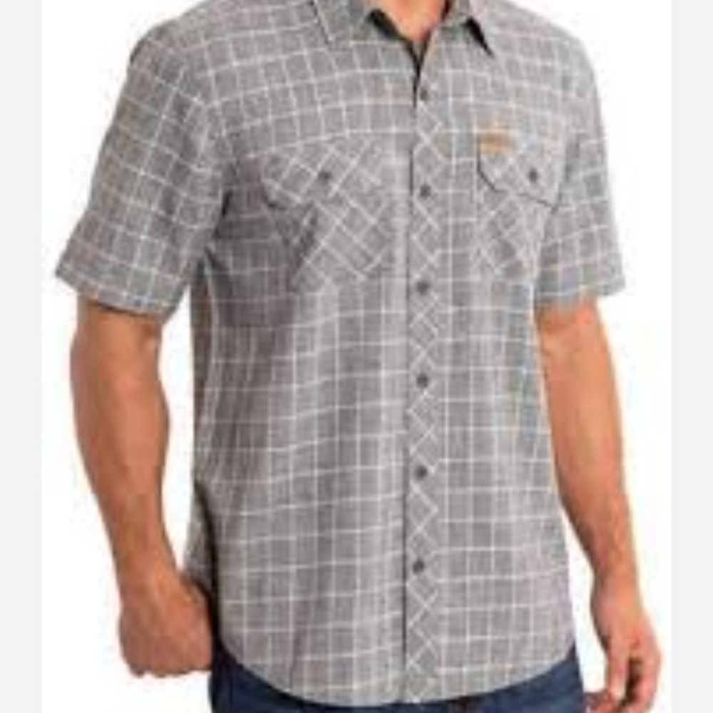 Orvis Mens Grey checkered Tech Button Up Pockdg T-Shirt XL